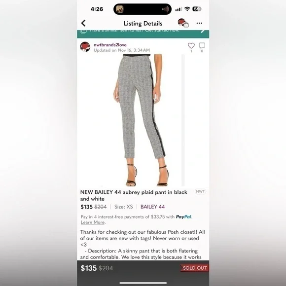 BAILEY 44 aubrey houndstooth plaid tuxedo pant in black and white size XS - Picture 3 of 14